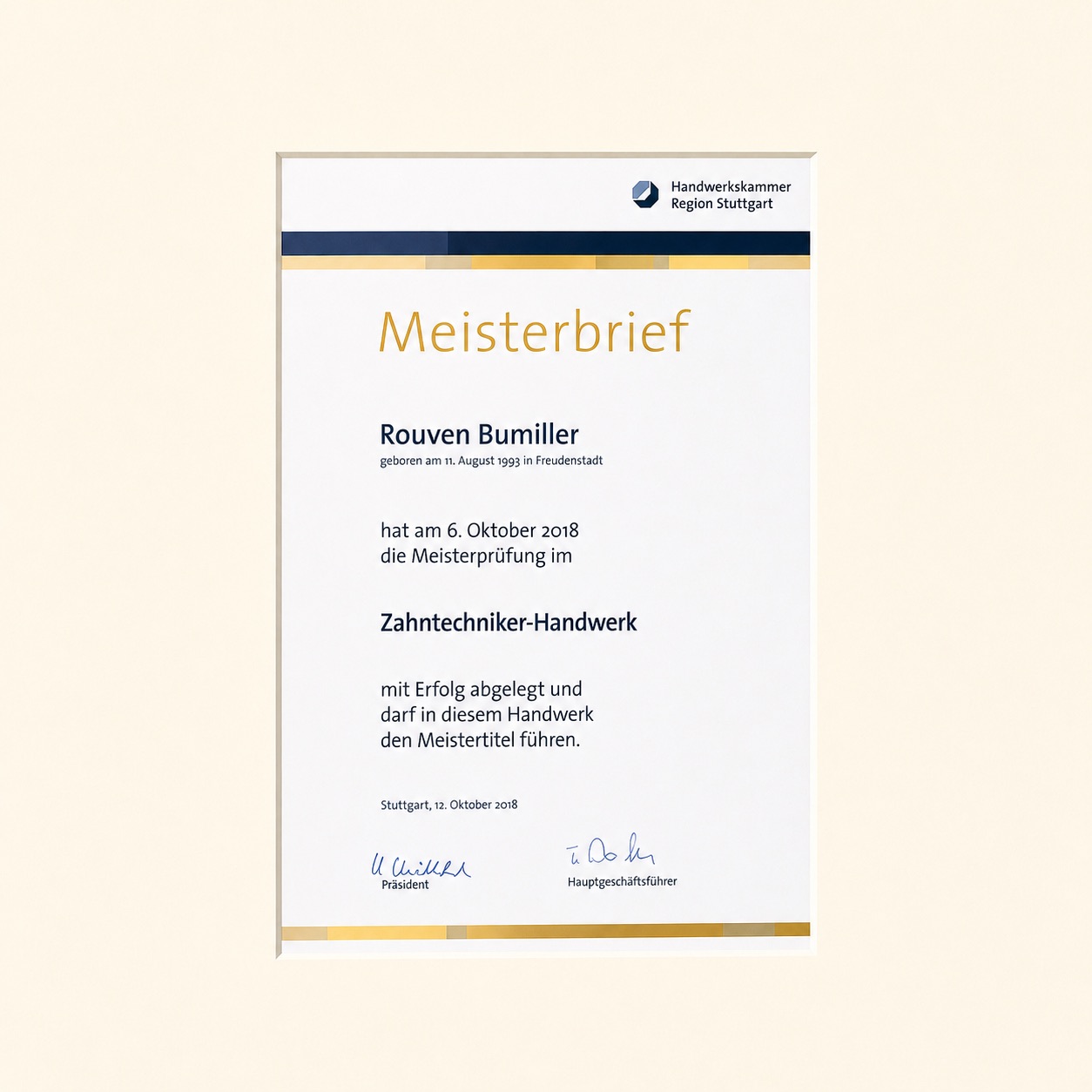 Meisterbrief Zahntechniker-Handwerk &ndash; Rouven Bumiller, Handwerkskammer Region Stuttgart